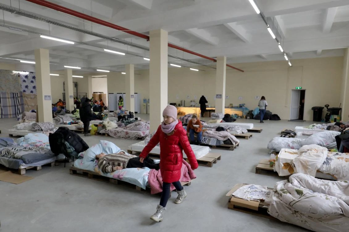 Ukrainian Jewish refugees who fled the war in their country take refuge in a hangar complex in Moldova’s capital Chisinau. (AFP)