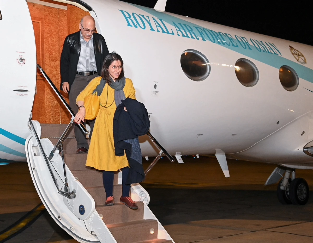 British-Iranian aid worker Nazanin Zaghari-Ratcliffe and dual national Anoosheh Ashoori arrive in Muscat, Oman, March 16, 2022. (Reuters)