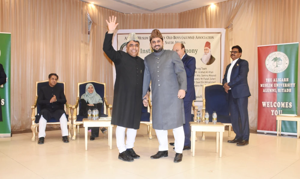 Arshad Ali Khan, left, took over the presidency of the Aligarh Muslim University Old Boys (Alumni) Association from Syed Mohammed Mutayyab, right, in Riyadh. (Supplied)