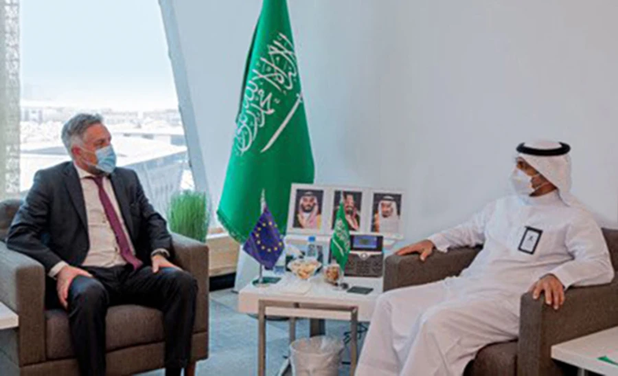 EU Ambassador Patrick Simonnet meets Health Minister Fahad Al-Jalajel to discuss cooperation between Saudi Arabia and EU countries. (Supplied)