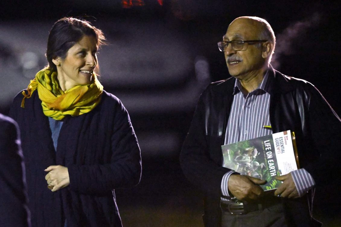 Nazanin Zaghari-Ratcliffe, left, and Anoosheh Ashoori at RAF Brize Norton on March 17, 2022 in Brize Norton, England, after being freed from Iran. (AFP)
