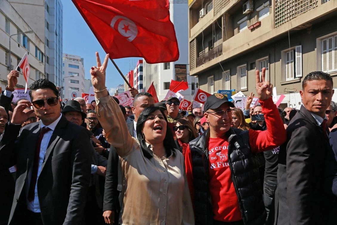 Abir Moussi, Tunisian leader of the Free Destourian Party, attends a rally in the capital of Tunis on Sunday. (AFP)