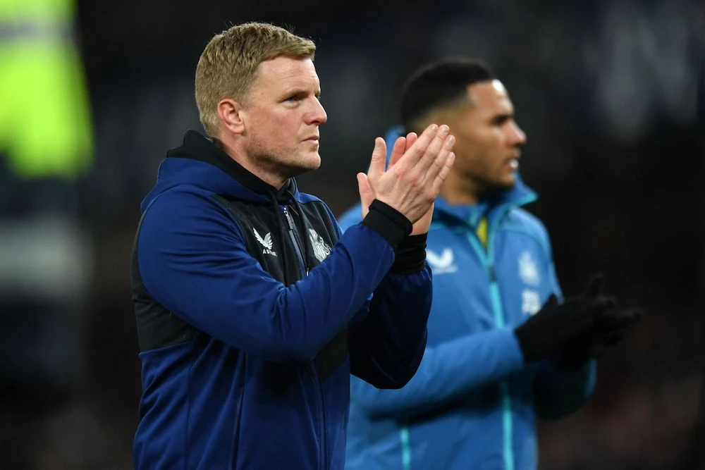 Newcastle United's English head coach Eddie Howe applauds supporters after the English Premier League football match between Everton and Newcastle United at Goodison Park in Liverpool. (AFP)