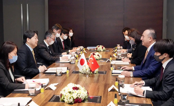 Japanese Foreign Minister Yoshimasa Hayashi, who is visiting Turkey for a short trip that includes the UAE on March 20, exchanged views with his Turkish counterpart, Mevlüt Cavusoglu. (MOFA)
