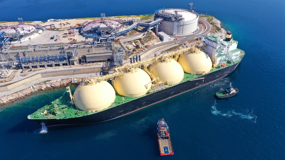 Aerial drone photo of LNG (Liquified Natural Gas) tanker anchored. Shutterstock