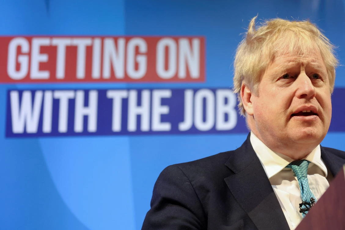 British Prime Minister Boris Johnson found himself under fire for his speech to his Conservative Party conference in Blackpool, northern England, on Saturday. (Reuters)