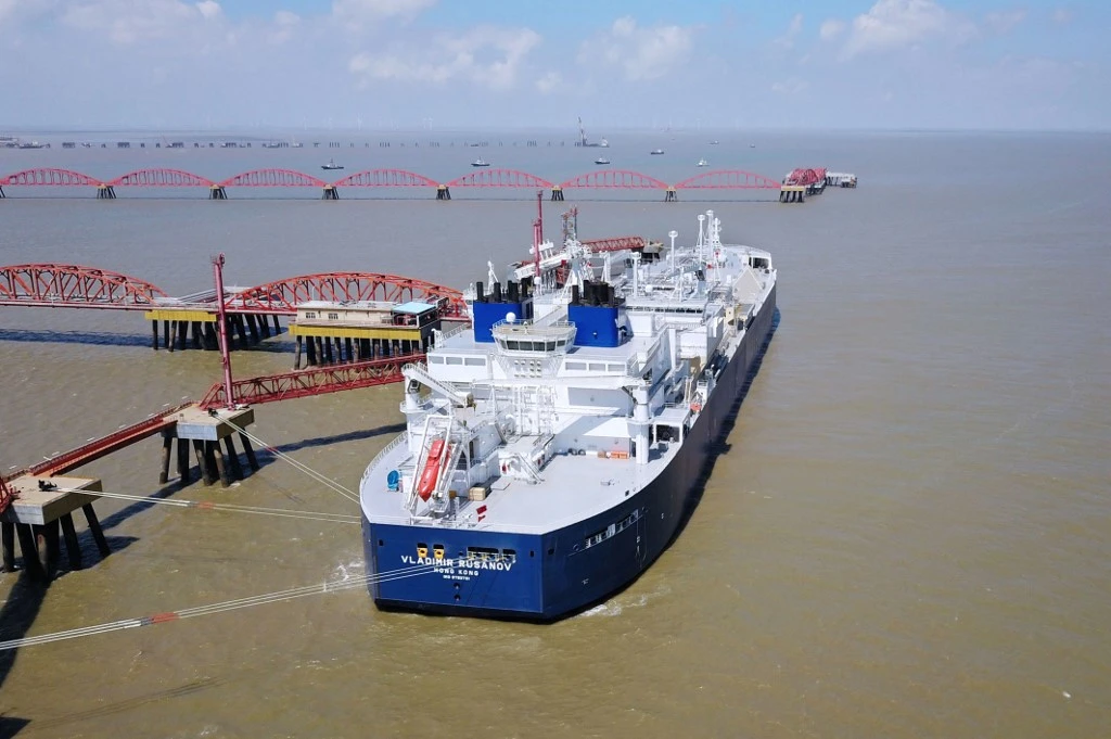 The Vladimir Rusanov, LNG tanker ship, is seen following its arrival at the LNG terminal in Nantong city, eastern China's Jiangsu province, in 2018 (AFP)