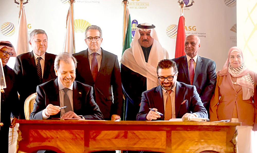 Al-Sharif Group’s CEO Nawaf bin Fayez Al-Sharif, Paul Massot of Mandarin Oriental, Saudi envoy Osama Nugali and others at Abdeen Palace. (Supplied)