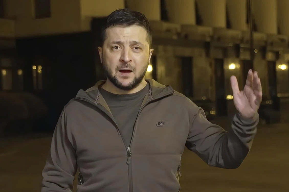 Ukrainian President Volodymyr Zelensky appealed to NATO leaders on Thursday to increase military support for his country against Russian forces. (Ukrainian Presidential Press Office via AP)