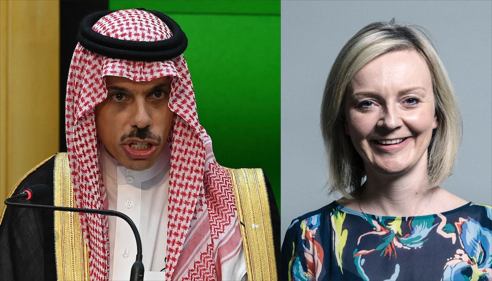 Saudi foreign minister Prince Faisal bin Farhan and his UK counterpart Liz Truss hold a phone call. (File/Getty Images/Wikipedia)