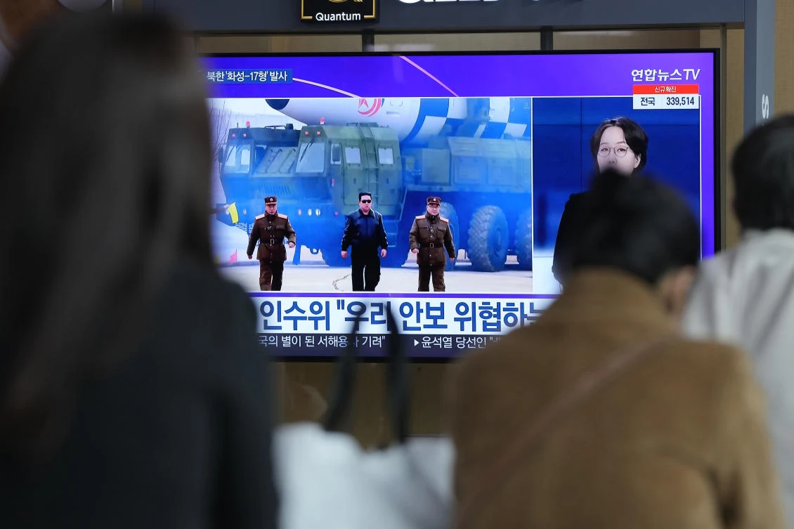 Above, a news program reports about North Korea’s ICBM with an image of North Korean leader Kim Jong Un at a train station in Seoul, South Korea on Mar. 25, 2022. (AP)