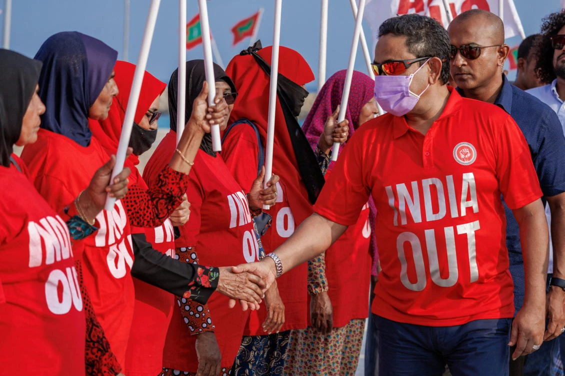 Abdulla Yameen, chief of the Progressive Party of Maldives, meets his supporters during an "India Out" protest rally in Naifaru, Maldives, March 19, 2022. (Reuters)