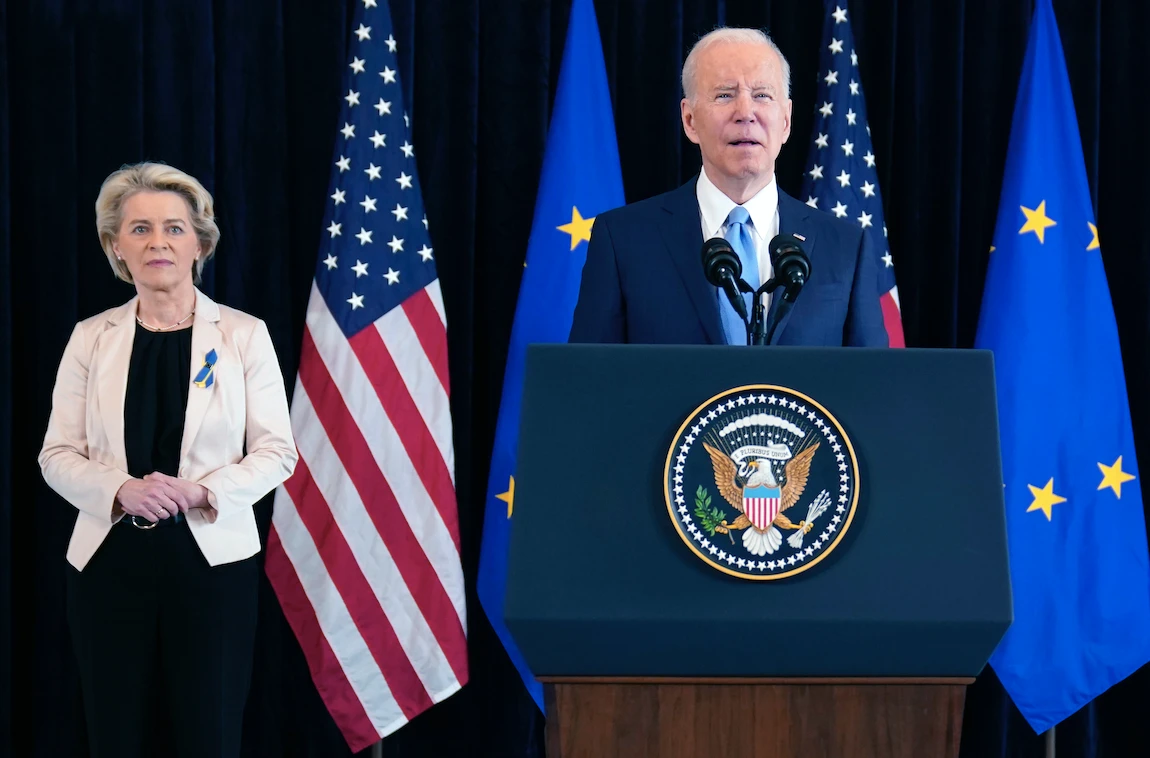 President Joe Biden and European Commission President Ursula von der Leyen talk to the press about the Russian invasion of Ukraine, at the US Mission in Brussels (AP)