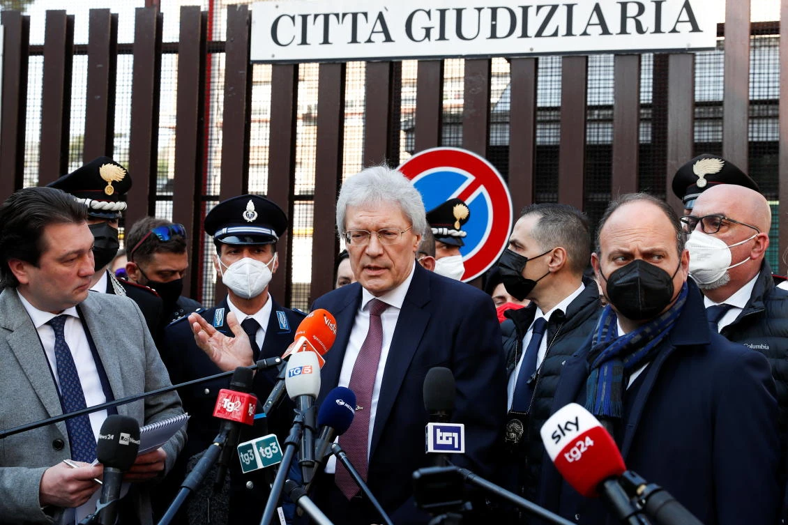 Russian ambassador to Italy, Sergey Razov, makes a statement to the press in front of the Rome prosecutor’s office on Friday. (Reuters)