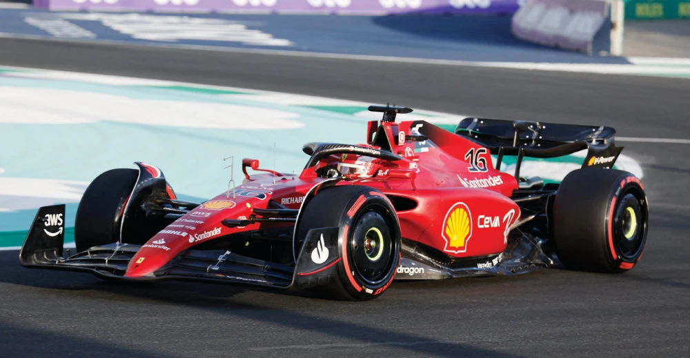 Ferrari’s Charles Leclerc on his way to topping the opening practice Friday in the Saudi Arabian Grand Prix at Jeddah Corniche Circuit. (Reuters)