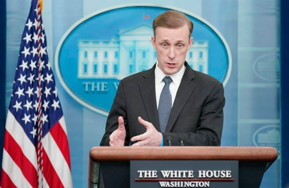 National security adviser Jake Sullivan speaks during a press briefing at the White House, Tuesday, March 22, 2022, in Washington. (AP)