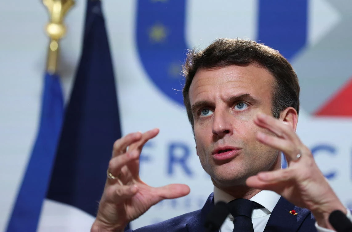 French President Emmanuel Macron said ‘we can’t escalate either in words or actions’ to achieve a ceasefire and eventual Russian withdrawal. (Reuters)