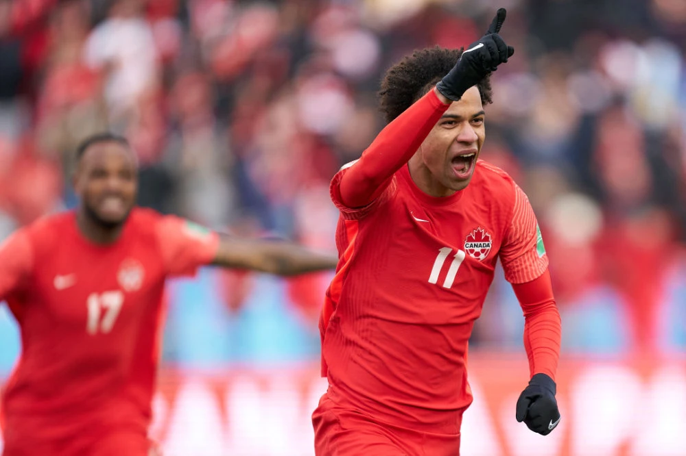 Canada’s Tajon Buchanan celebrates his goal during Canada’s World Cup Qualifying match against Jamaica at BMO Field in Toronto, Ontario, Canada on March 27, 2022. (AFP)