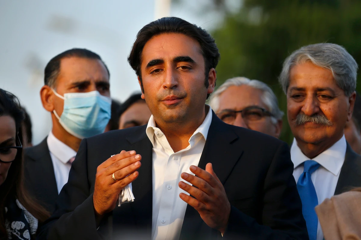 Bilawal Bhutto Zardari, head of the opposition Pakistan People's Party, speaks to reporters outside the National Assembly in Islamabad on Monday. (AP)