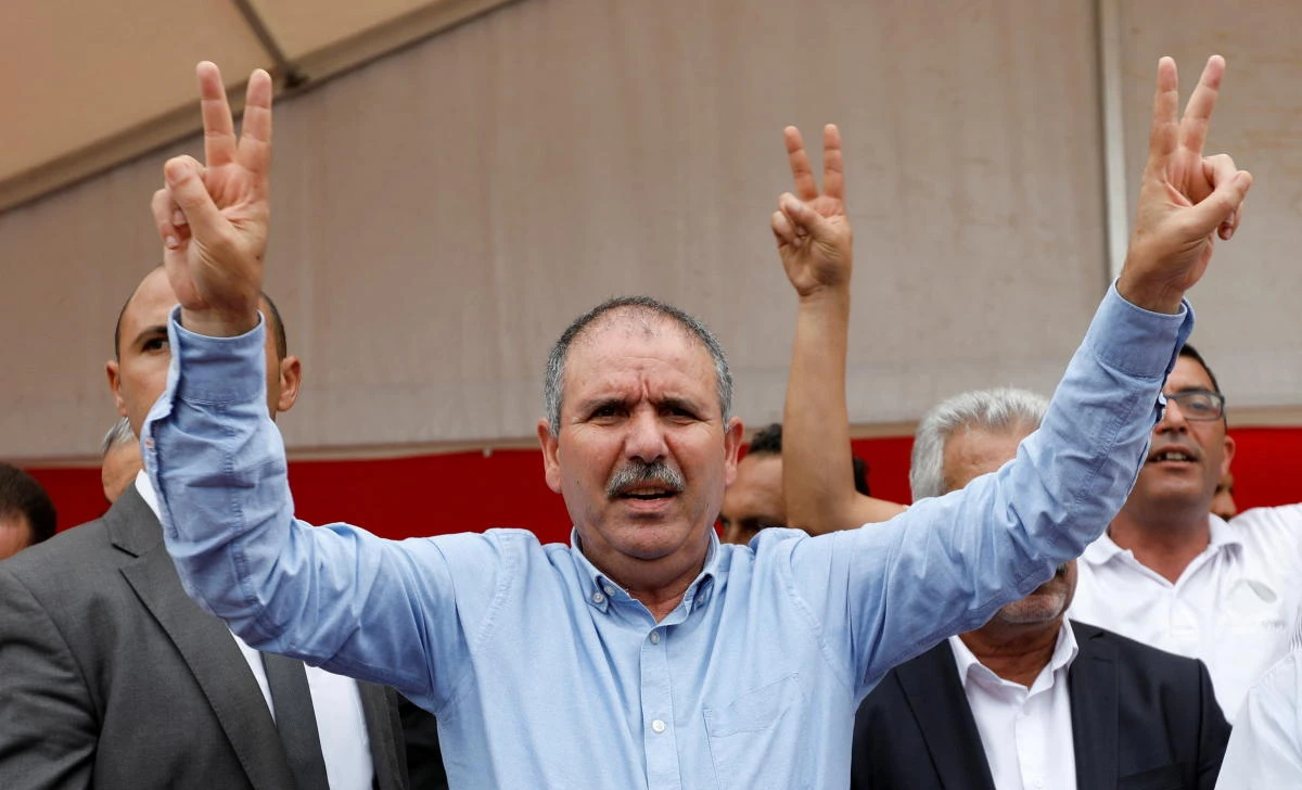 Noureddine Taboubi, secretary general of the Tunisian General Labour Union (UGTT), gestures during a workers' rally in Tunis, Tunisia October 17, 2018. (Reuters)