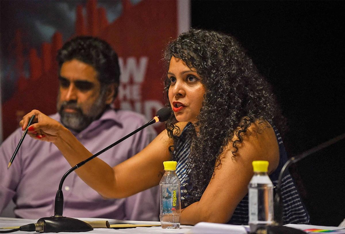 Indian journalist and author, Rana Ayyub speaks during the launch of her self published book 'Gujarat Files' in New Delhi, India, on May 27, 2016. (AFP)