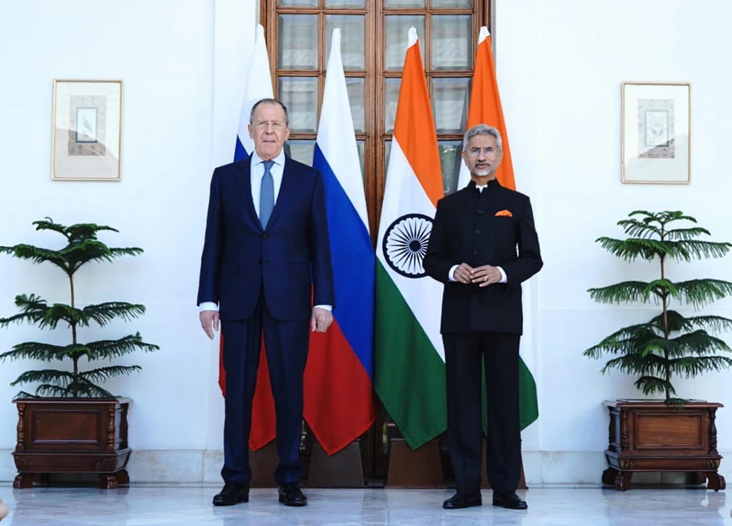Indian Foreign Minister S. Jaishankar and his Russian counterpart Sergei Lavrov stand for photographs before their meeting in New Delhi before their meeting on April 1, 2022. (Indian Foreign Minister S. Jaishankar’s Twitter handle via AP)