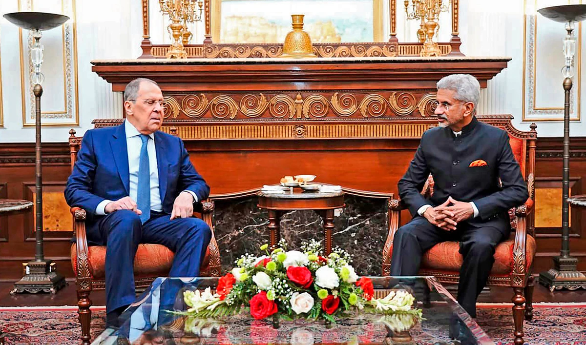Indian Foreign Minister S. Jaishankar, right, and his Russian counterpart Sergei Lavrov sit for a meeting in New Delhi, India, on April 1, 2022. (Indian Foreign Minister S. Jaishankar's via AP)
