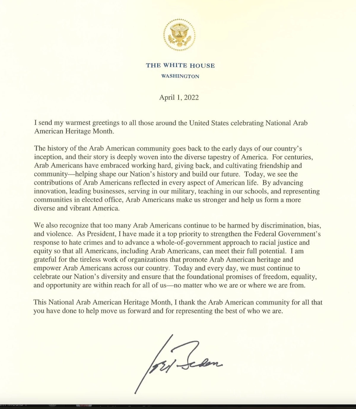 US President Joe Biden sent his “warmest greetings” to the Arab community in the US on Friday to mark the start of Arab American Heritage Month. (Screenshot)