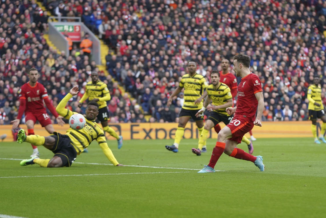 Liverpool’s Diogo Jota attempts a goal during their English Premier League match against Watford at Anfield stadium in Liverpool on Saturday. (AP)