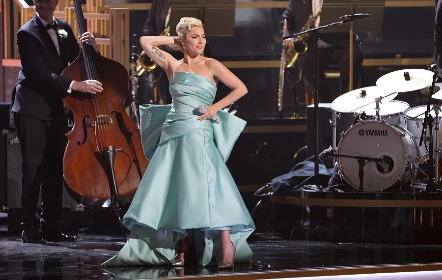 Lady Gaga wearing Elie Saab at the 2022 Grammy Awards. Getty