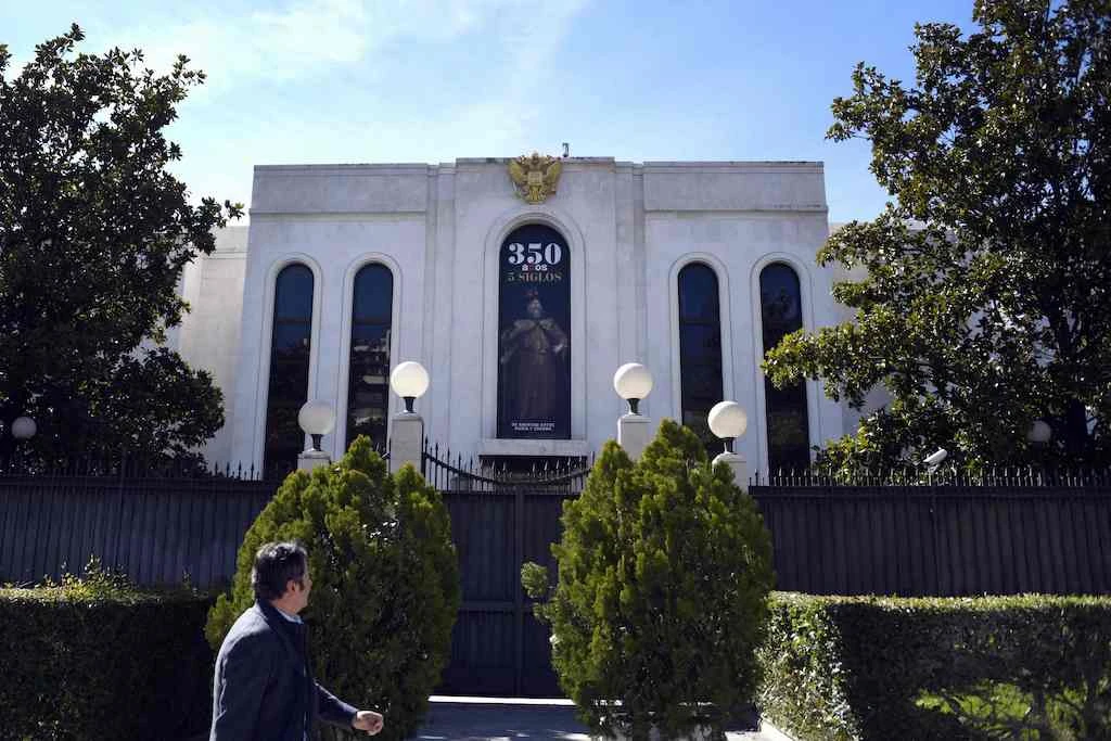 In this file photo taken on March 26, 2018 a man walks past the Russian embassy in Madrid. Spain's foreign minister said on April 5, 2022. (AFP)