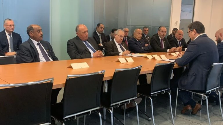 A ministerial delegation headed by Arab League Secretary General Ahmed Aboul Gheit meets with Ukrainian Foreign Minister Dmytro Kuleba in Warsaw, Poland. (Twitter Photo)