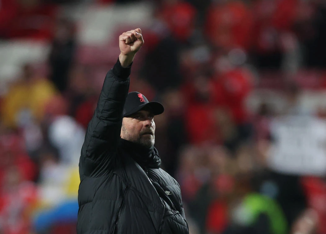 Liverpool manager Juergen Klopp celebrates after their Champions League Quarter Final match against Benfica at Estadio da Luz, Lisbon on Tuesday. (Reuters)