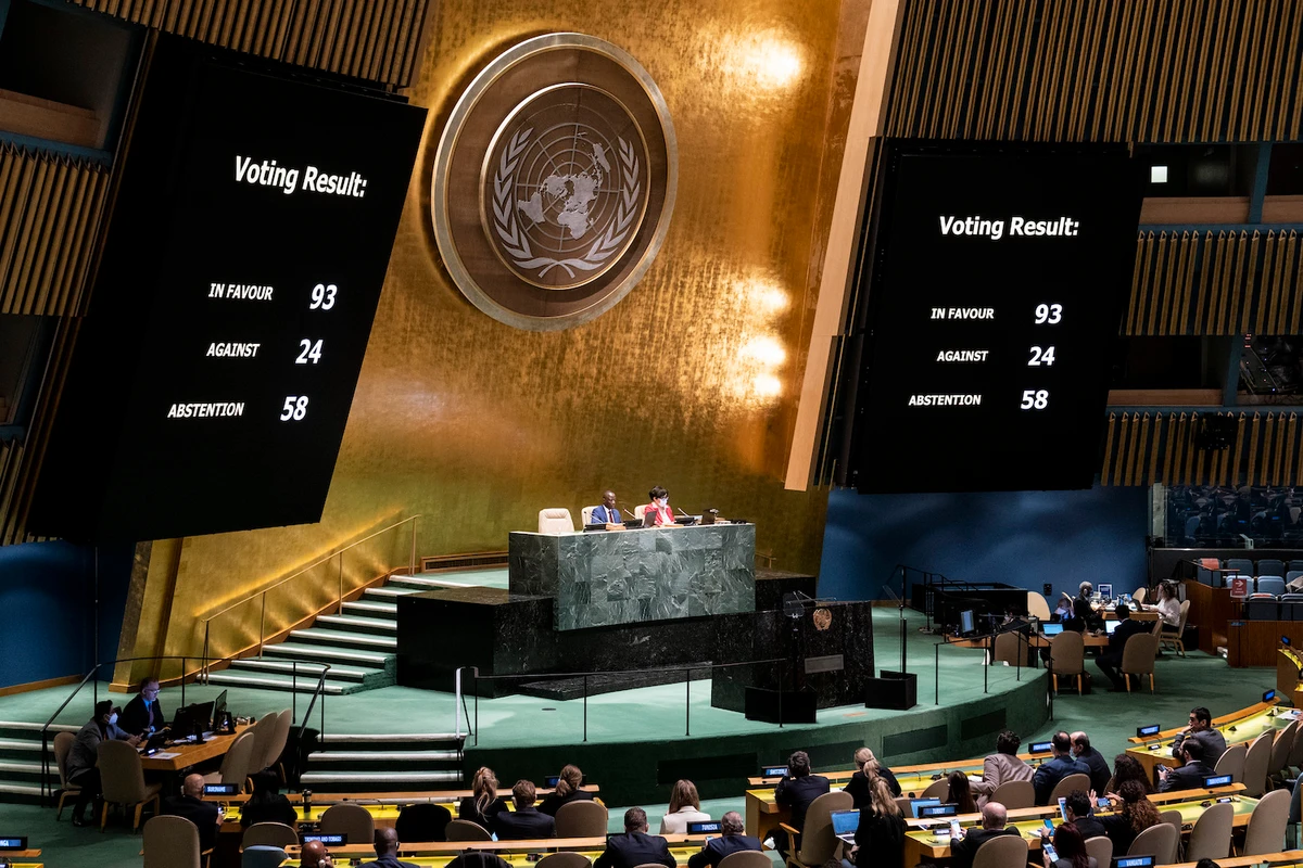 A completed resolution vote tally to affirm the suspension of the Russian Federation from the UN Human Rights Council is displayed during a meeting of the UNGA, Thursday, April 7, 2022. (AP)