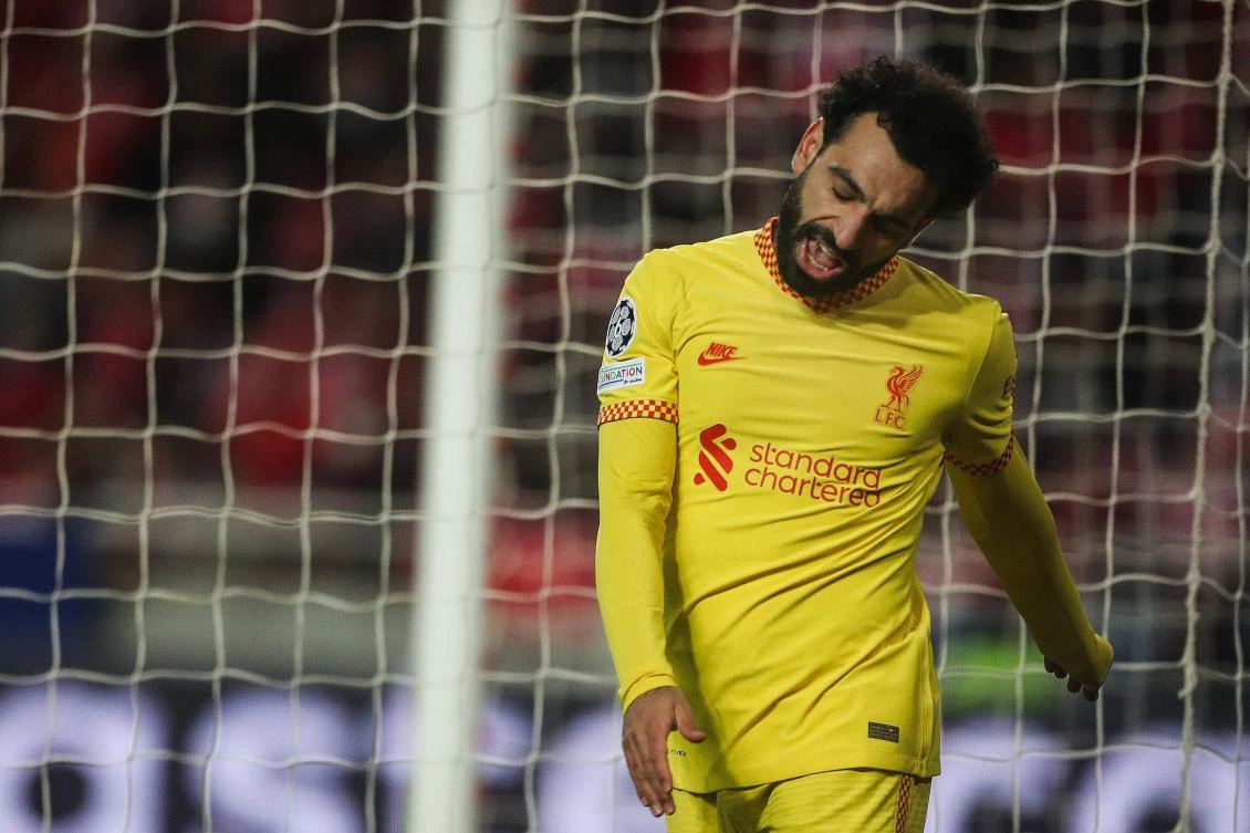 Liverpool’s Egyptian midfielder Mohamed Salah reacts during the UEFA Champions League quarter final match against SL Benfica at the Luz stadium in Lisbon on Tuesday. (AFP)