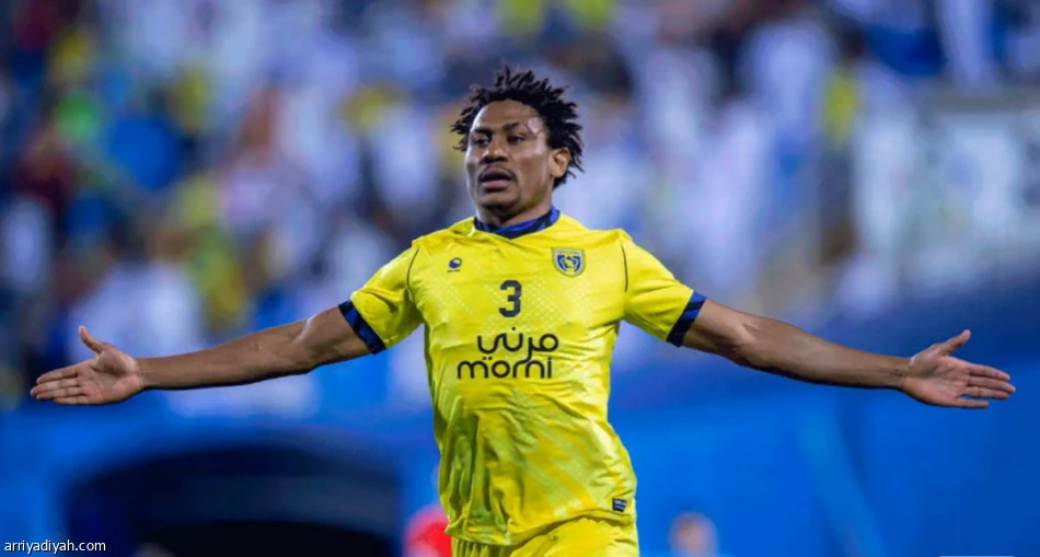 Leandre Tawamba celebrates scoring Al-Taawoun's equalizer against Al-Duhail in the AFC Champions League. (Arriyadiyah)