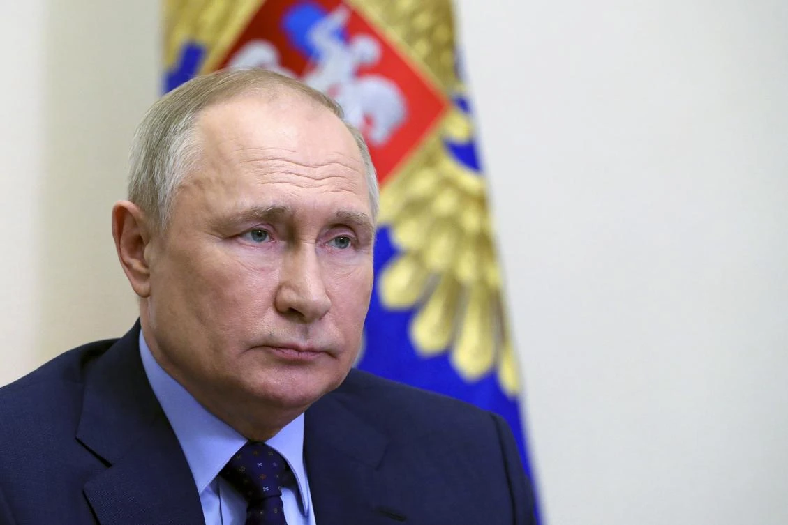 Russian President Vladimir Putin chairs a Security Council meeting via videoconference at the Novo-Ogaryovo residence outside Moscow. (AP)