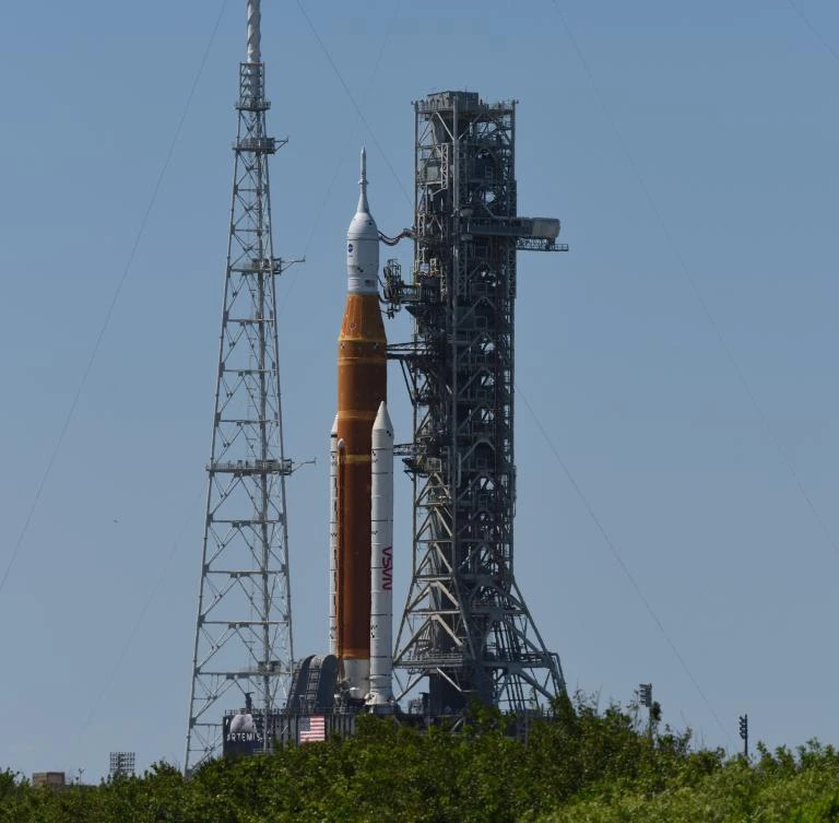 CAPE CANAVERAL, FL — APRIL 8: The Artemis 1 Moon rocket with the Orion capsule sits on Launch Pad 39B at the Kennedy Space Center Friday in Cape Canaveral, Florida. (AFP)