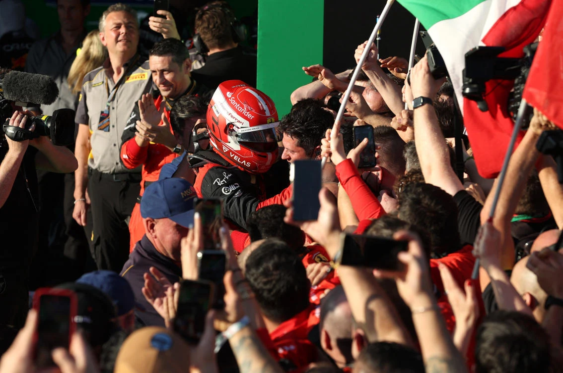 Ferrari’s Charles Leclerc celebrates after winning the Australian Grand Prix on April 10, 2022. (Reuters)