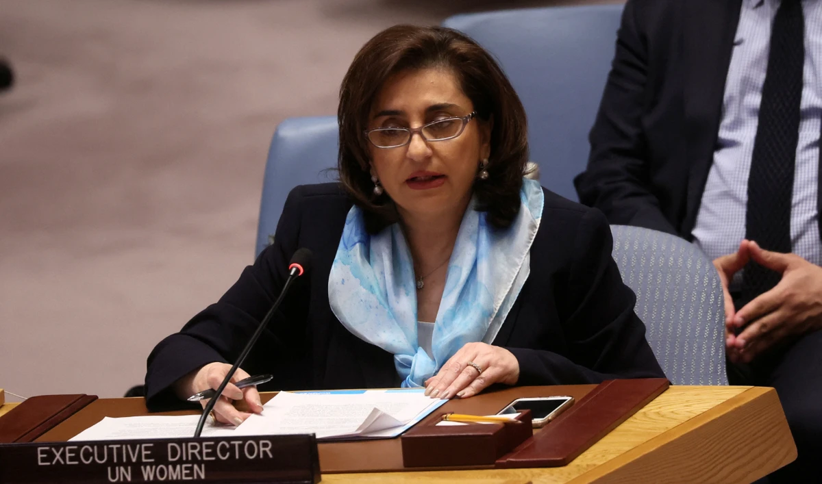 Sima Bahous, Executive Director of UN Women, speaks during the UNSC meeting on the situation amid Russia's invasion of Ukraine with a focus on women, April 11, 2022. (Reuters)
