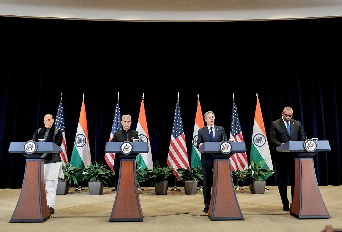 (L-R) India’s Defense Minister Rajnath Singh, India’s MEA Subrahmanyam Jaishankar, US Secretary of State Antony Blinken, and US Defense Secretary Lloyd Austin, participate in a joint news conference in Washington, U.S., on April 11, 2022. (REUTERS)