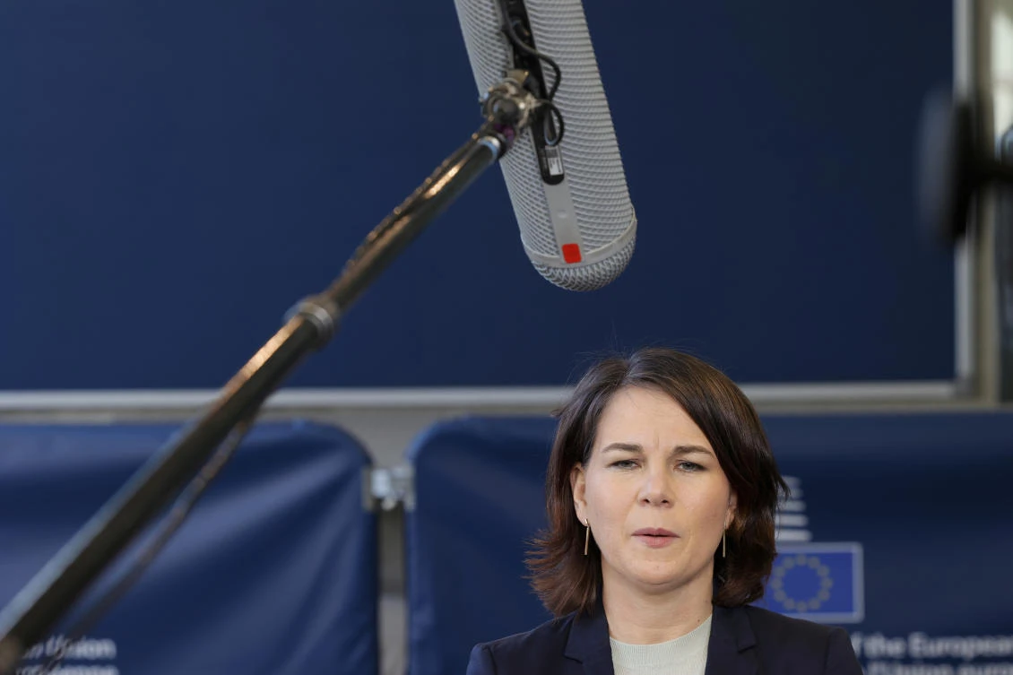 German foreign Minister Annalena Baerbock speaks to the media after a meeting of EU foreign ministers at the European Council building in Luxembourg on Monday. (AP)