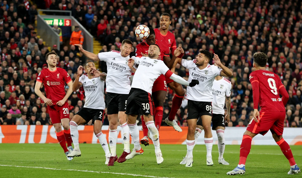 Liverpool's Ibrahima Konate scores their first goal against Benfica during their Champions League quarterfinal second leg football match at Anfield on Wednesday. (Reuters)