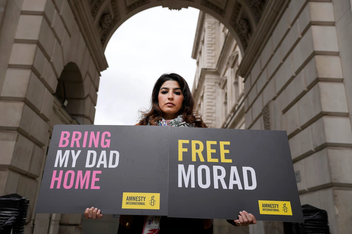 Roxanne Tahbaz protests for the release of her father from Iran jail in London, Wednesday, April 13, 2022. (AP)