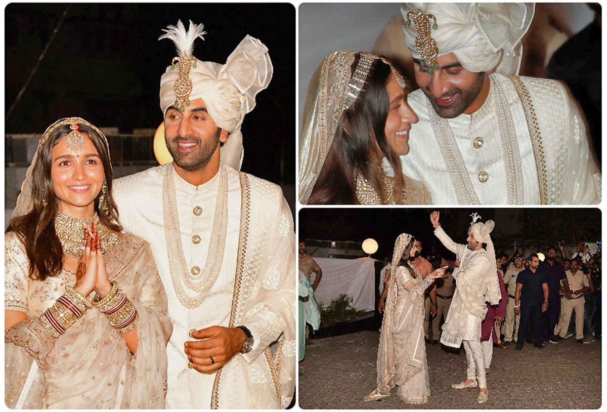 The collage shows Bollywood actors Ranbir Kapoor (R) and Alia Bhatt pose for pictures during their wedding ceremony in Mumbai, India on April 14, 2022. (AFP and REUTERS)