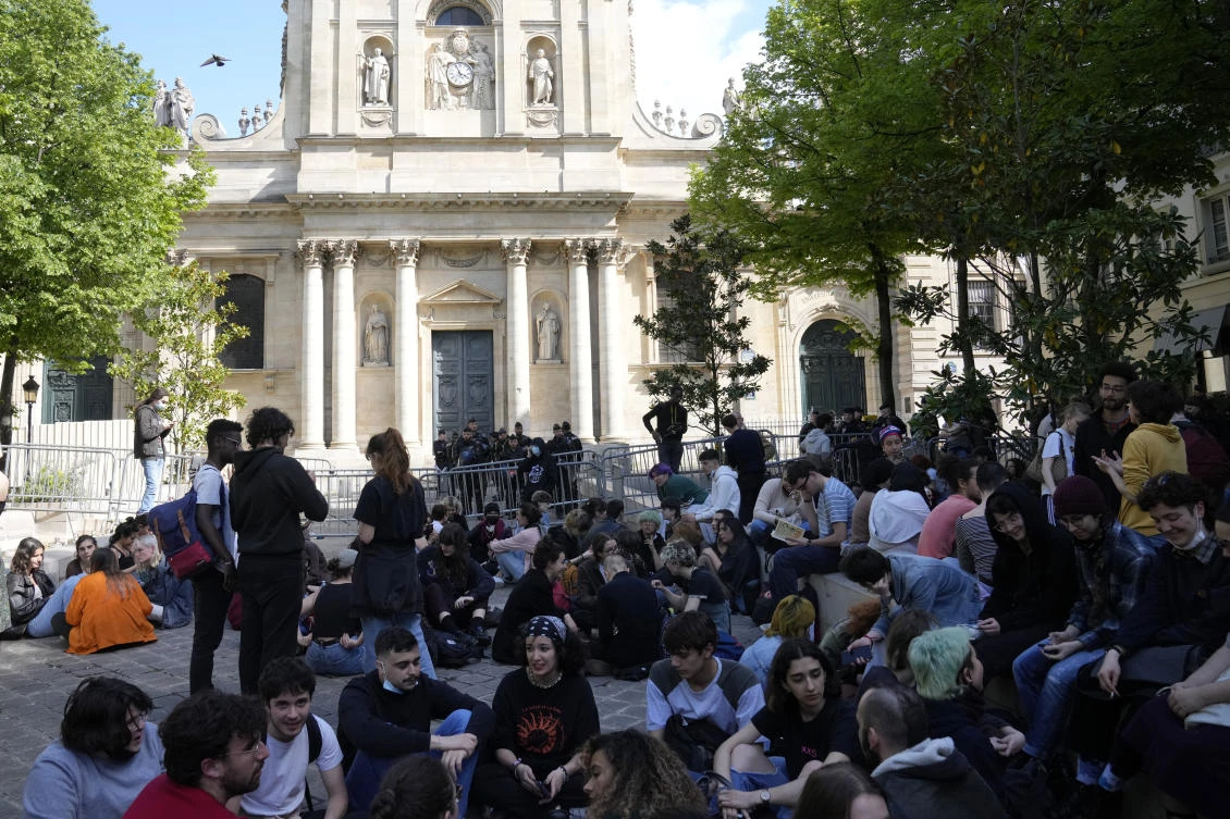 Hundreds of students occupy a wing of the Sorbonne University as they protest against the results of the French presidential elections. (AP)