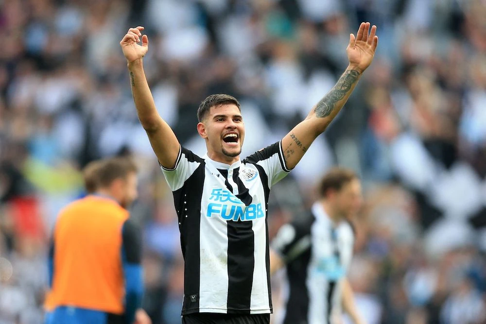 Newcastle United's Brazilian midfielder Bruno Guimaraes celebrates on the pitch after the English Premier League football match between Newcastle United and Leicester City at St James' Park. (AFP)