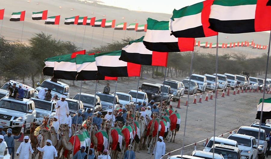 Emiratis ride camels adorned with their national flag during the Mazayin Dhafra Camel Festival in Abu Dhabi, on December 23, 2017. (AFP/FILE)