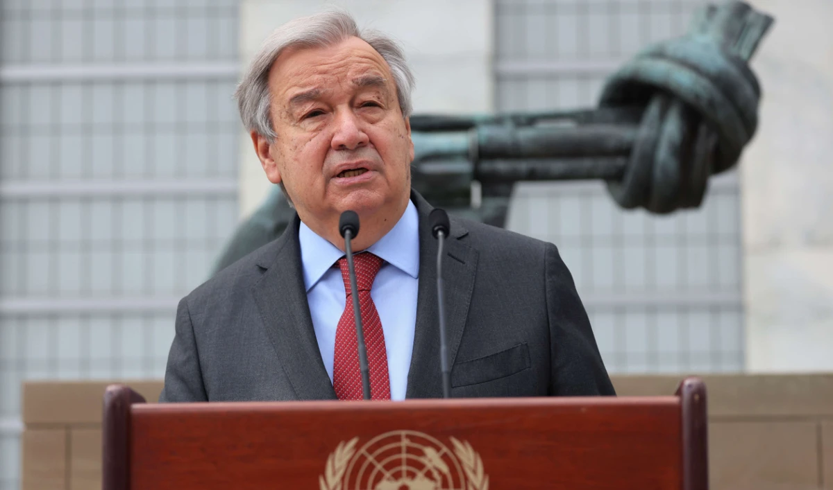 António Guterres, United Nations Secretary-General, speaks during a press conference at the United Nations Visitors Plaza on April 19, 2022 in New York City. (AFP)