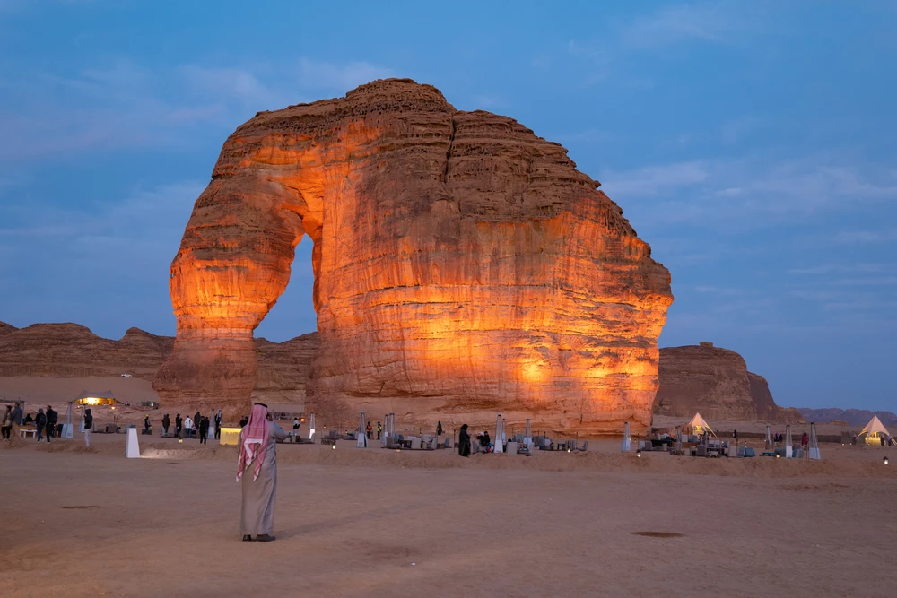 Elephant Rock with ground lights at night during the Winter at Tantora Festival in Al Ula, Saudi Arabia. Shutterstock